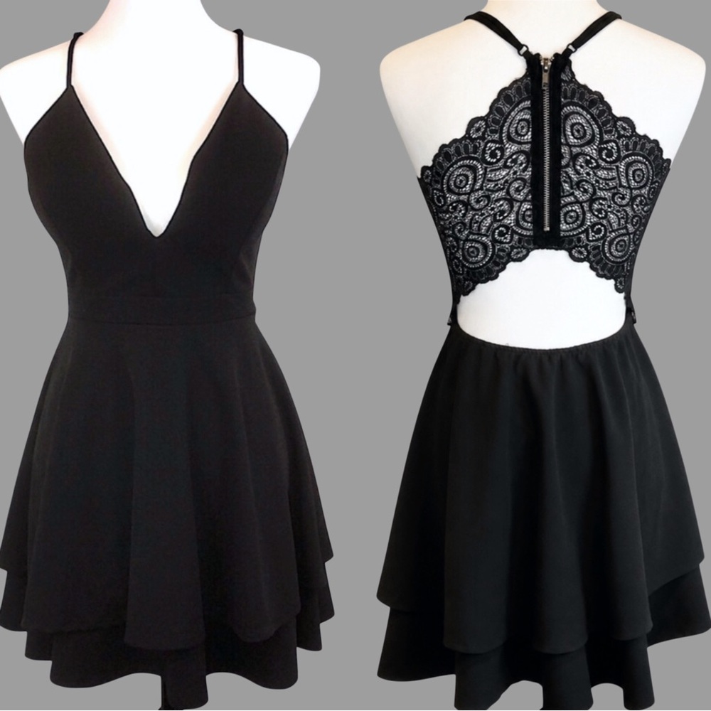 Black V-Neck Lace Back w Gold Zipper Open Back Tiered Dress Adjust Straps Sz MD